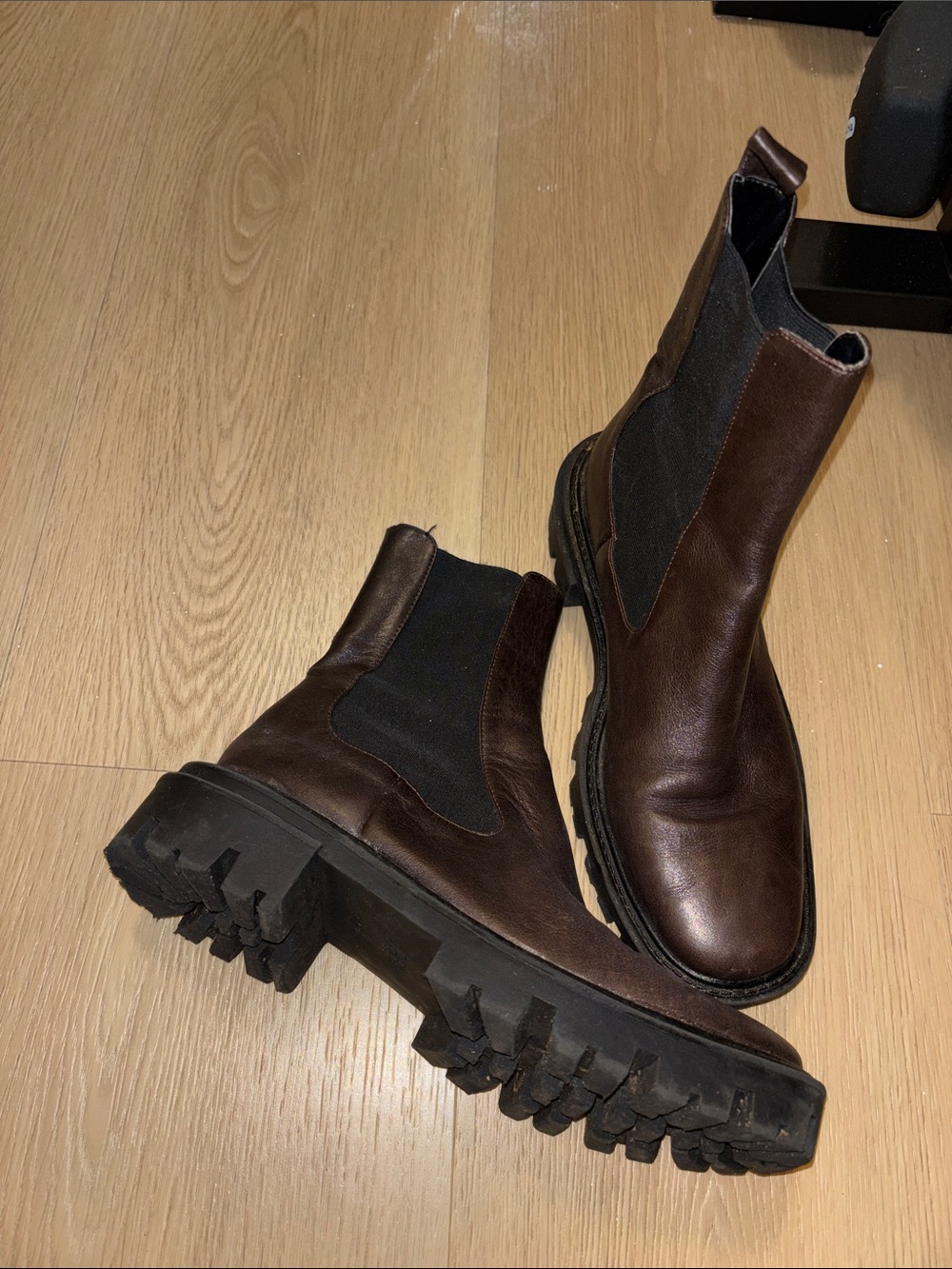 Zara Womens Dark Brown Leather Chukka Boots with Black Elastic Panels